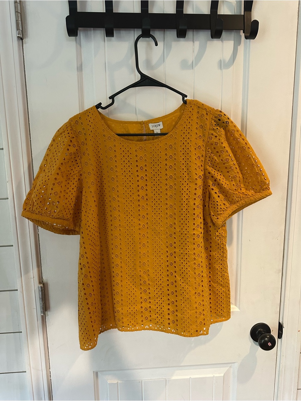 J. Crew Factory Mustard Eyelet Short Puff-Sleeve Top - Picture 2 of 6